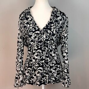 dressbarn womens Black Floral Rhinestone Bell Sleeve Button whimsigoth Top XL